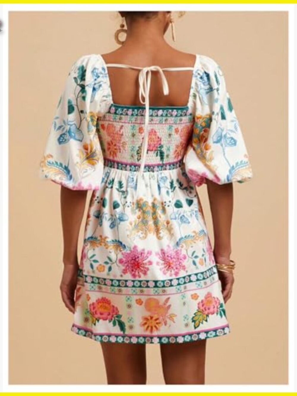 Floral Puff Sleeve A-Line Dress Square Neck Tie Back Boho Casual Chic - Picture 3 of 5